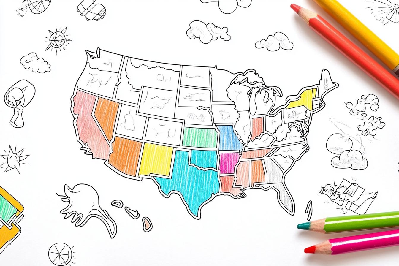 Kolorowanki mapa USA : Zabawa i nauka geografii dla dzieci